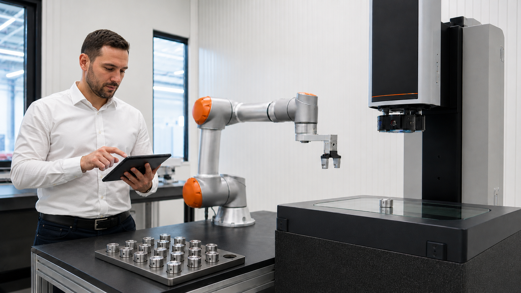 Vernetzter Prüfprozess mit Messmaschine, Roboter und mobiler Bedienung