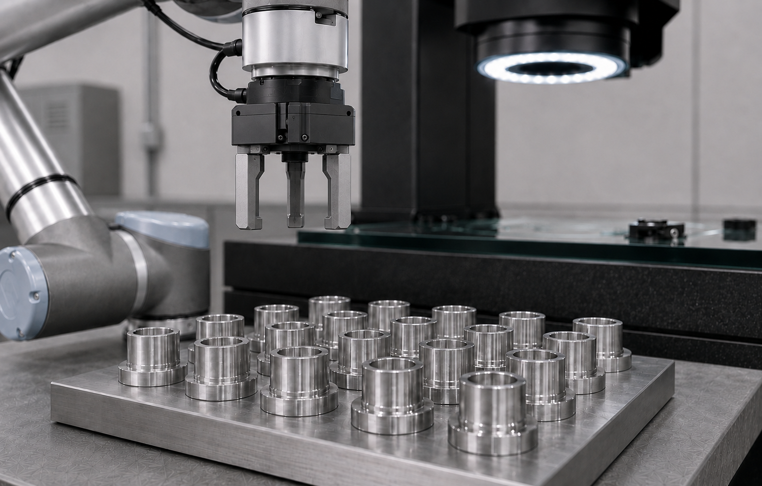 Roboter mit Greifer an einer optischen Messmaschine